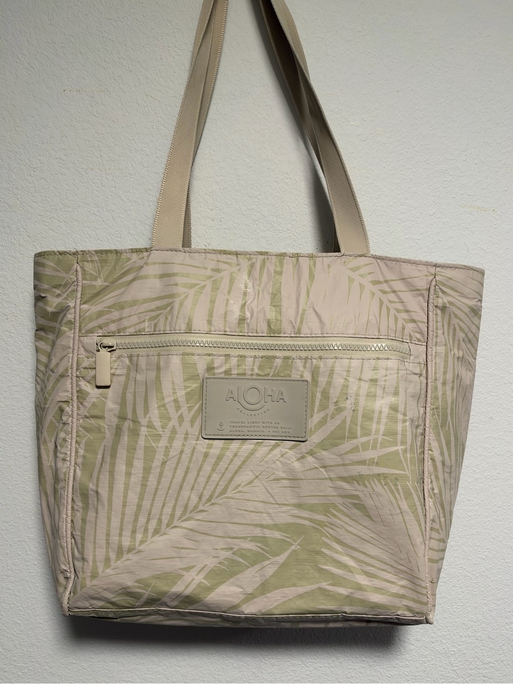 ALOHA Collection Tropical Palm Print Tote Bag - Green White - 12x12